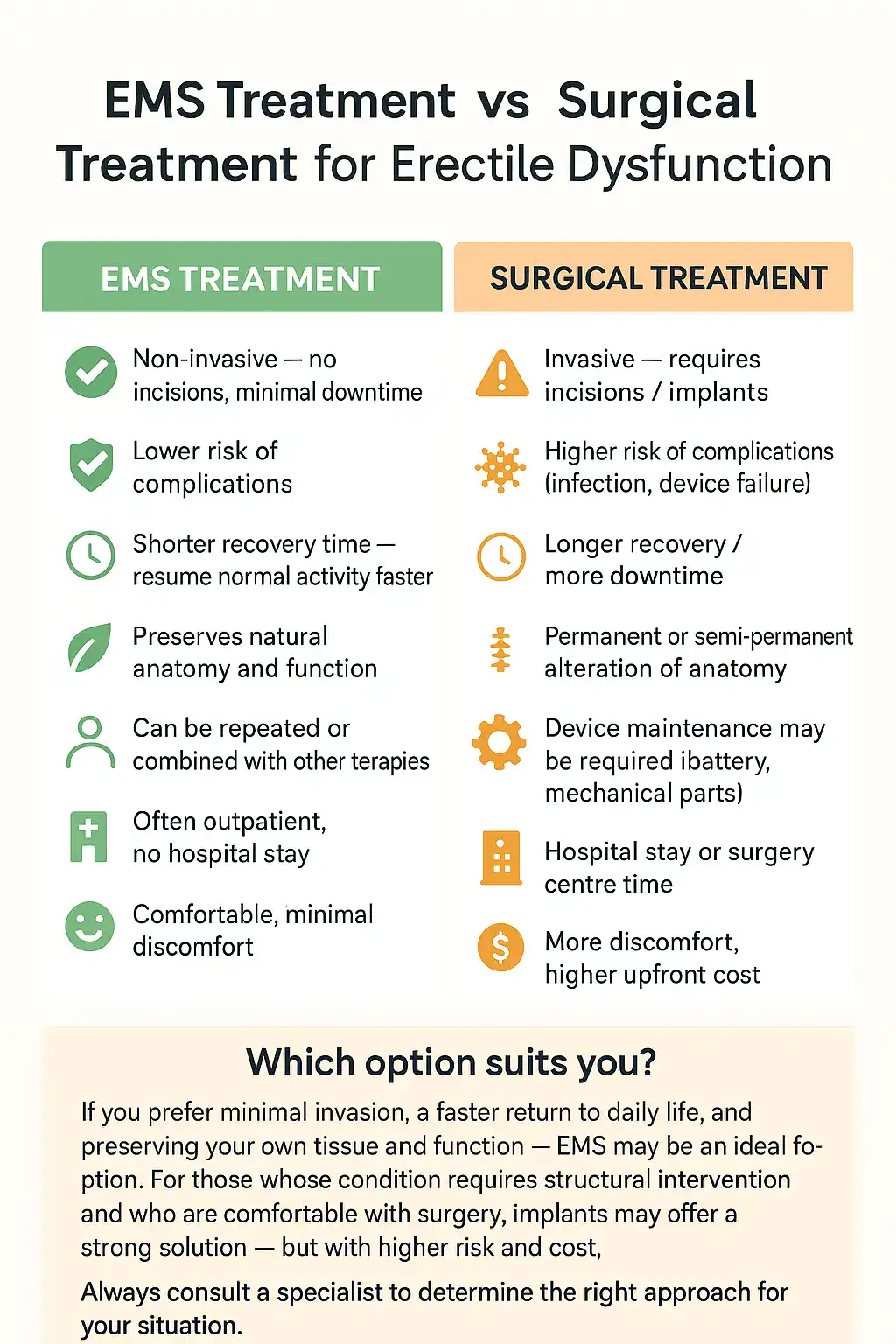 A table showing the benefits of EMS chair for erectile dysfunction treatment Coventry compared to surgery.