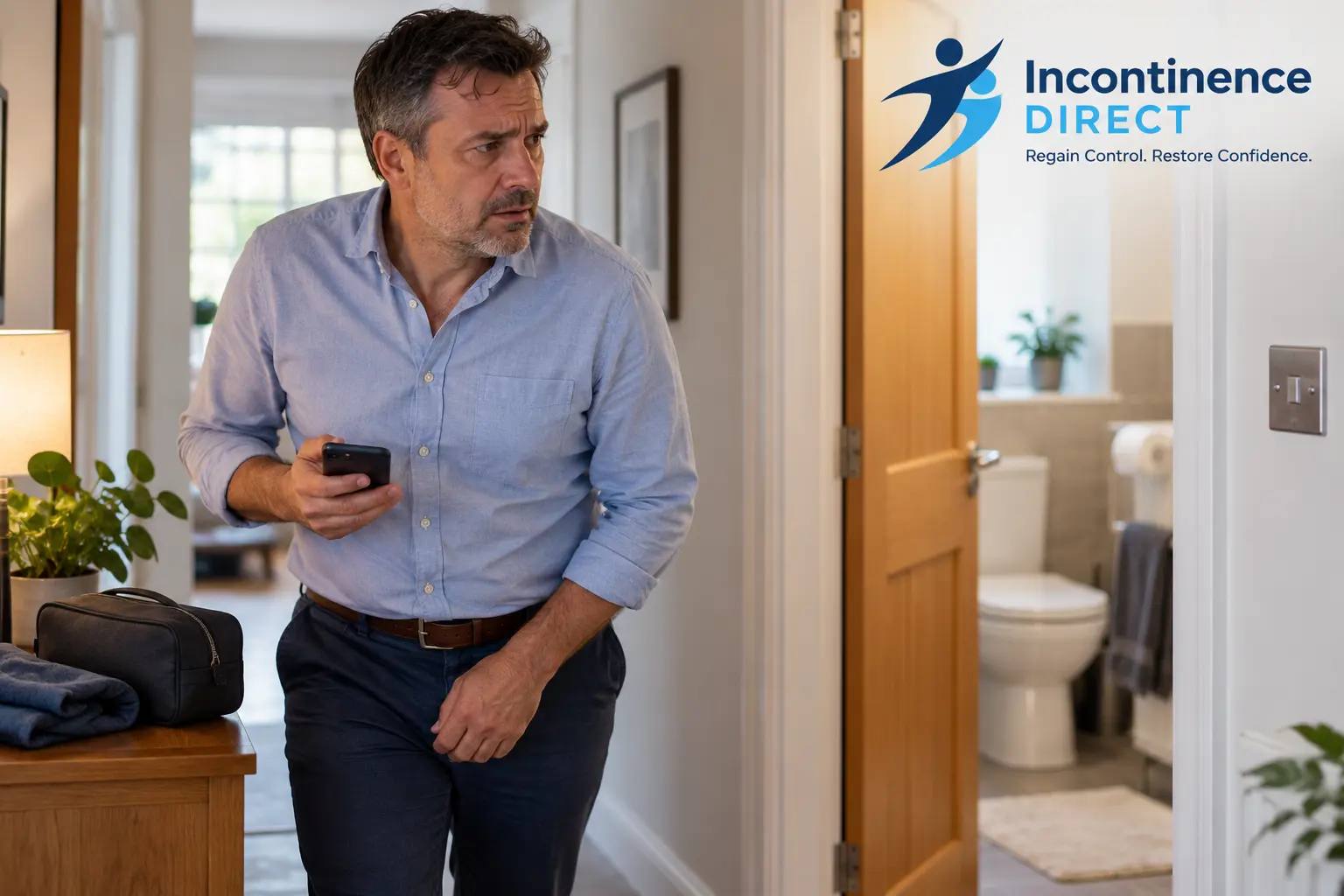 Worried Man Near Open Bathroom affected from faecal incontinence safety tips from incontinence direct Coventry