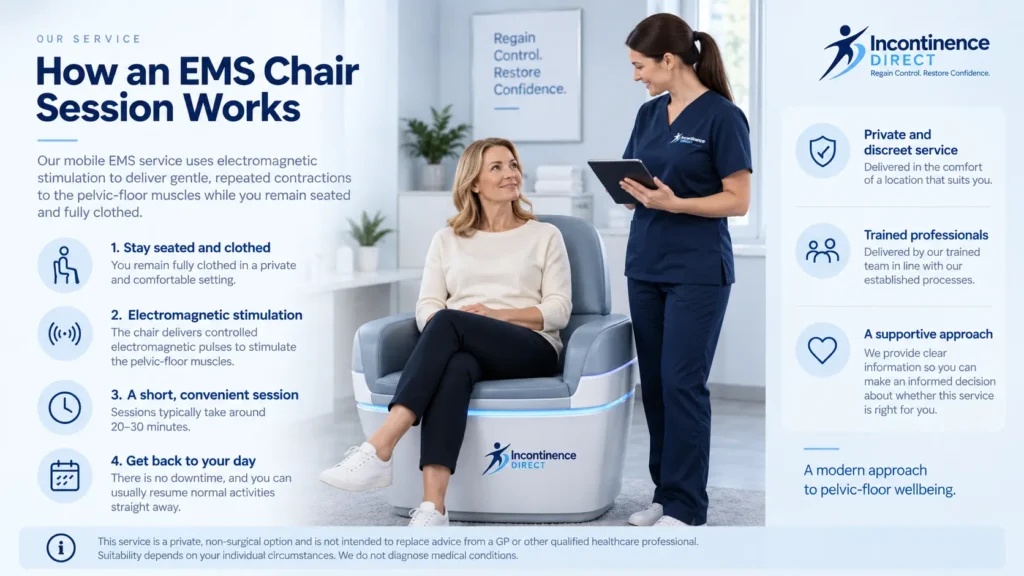 Illustration showing an EMS chair session at Incontinence Direct Coventry
