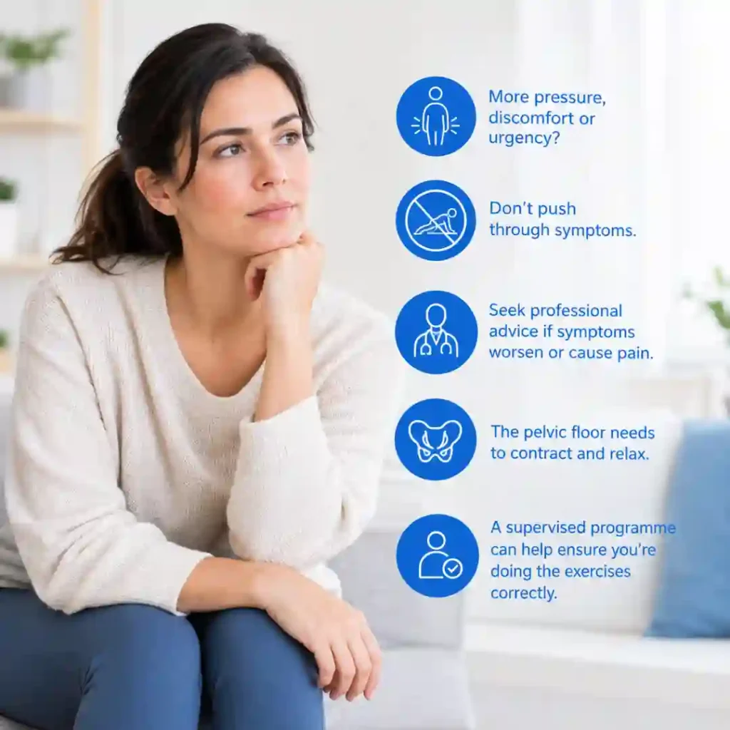 Pelvic-floor exercises Coventry involve controlled contraction and relaxation. Persistent pressure, discomfort or urinary urgency may warrant professional assessment.